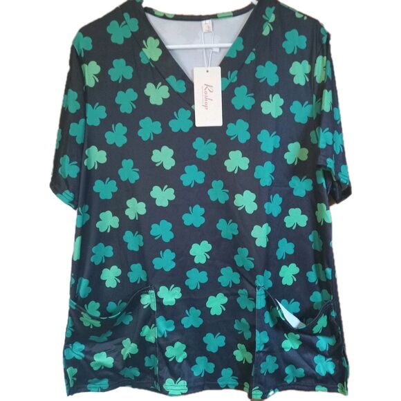 Roshop V-Neck St Patrick Day Scrubs With Pockets Lucky Clover, Large - Picture 1 of 7
